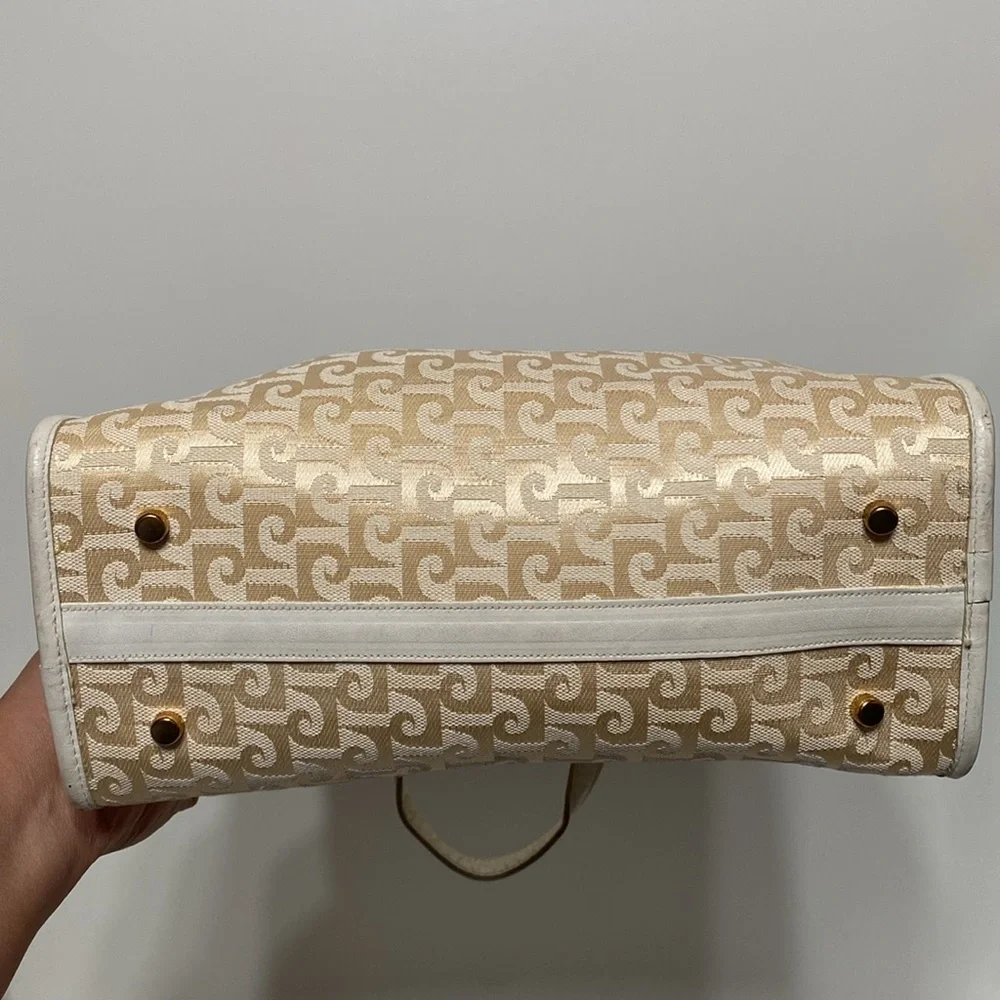 Vintage Pierre Cardin 1970’s Monogram Canvas and Leather Satchel Purse in Ivory